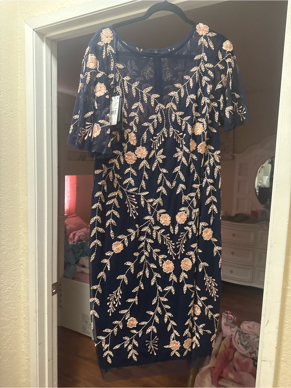Adrianna Papell Black Midi Dress with Pink Floral Embroidery - Picture 7 of 7